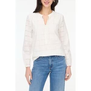 J.Crew Long-Sleeve Eyelet Tie-Neck Top Womens XS White Cotton Lightweight Lined